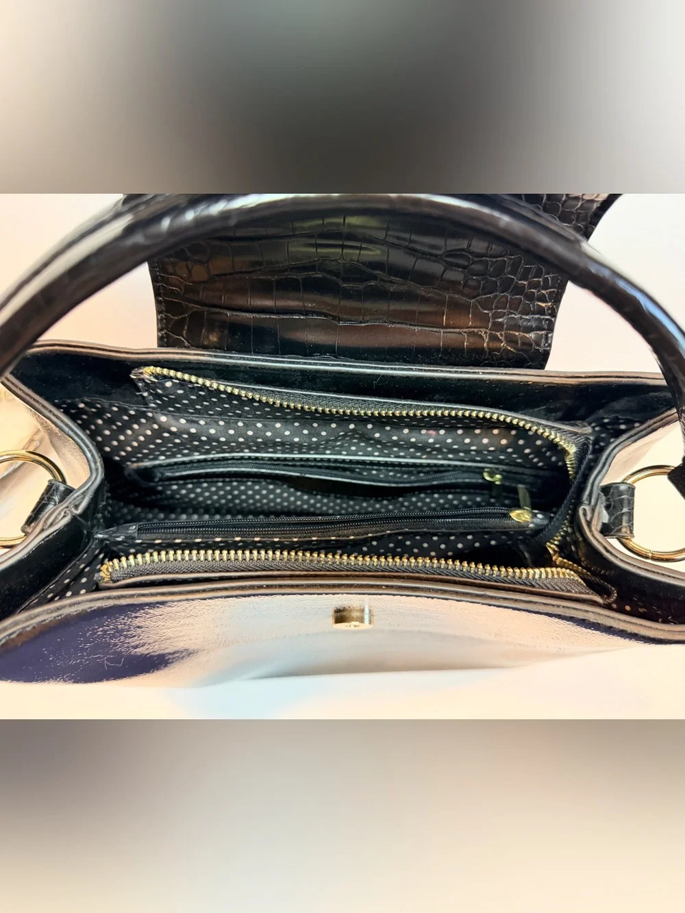 Black Patent Croc-Detail Top-Handle Satchel